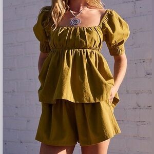 Free People Olive Puff Sleeve Square Neck Top